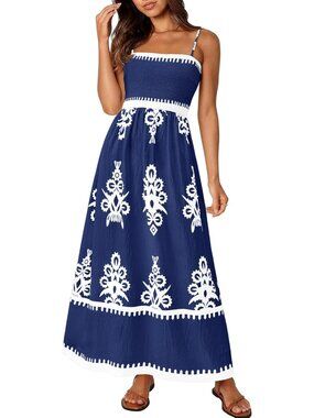 Women's Dark Blue Floral Summer Spaghetti Strap Flowy Beach Vacation Boho Maxi